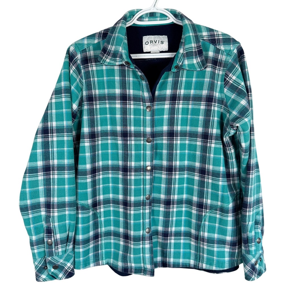 Orvis Fleece Lined Shacket Shirt Jacket Women L Teal Blue Plaid Snap Up Pockets